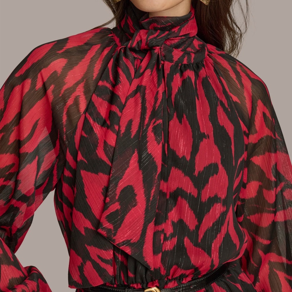 Donna Karan Women’s Chiffon Shirt Midi Red Multi Print Dress Size 12 NWT - Picture 6 of 10